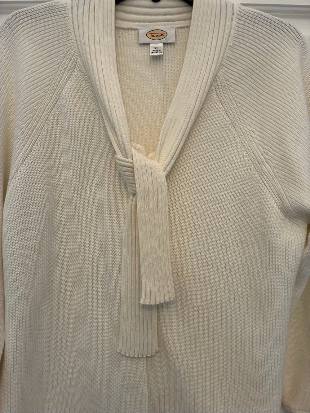 Talbots Cream Rib-Knit Tie-Neck Cardigan